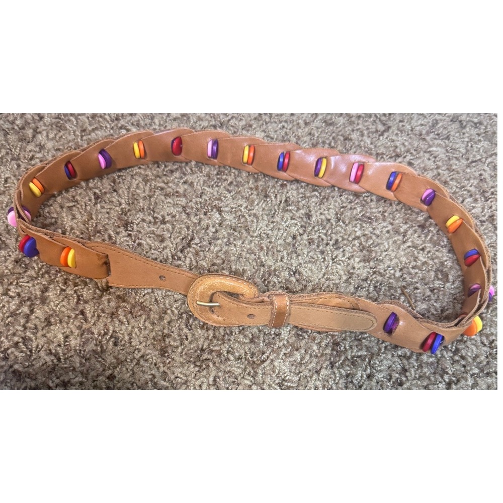 Vintage Uruguay Leather Woven Button Belt Tan Boho Colorful Womens Small 36in